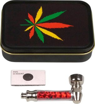 Sada kovové dýmky a sítka, různé druhy v plechové krabičce